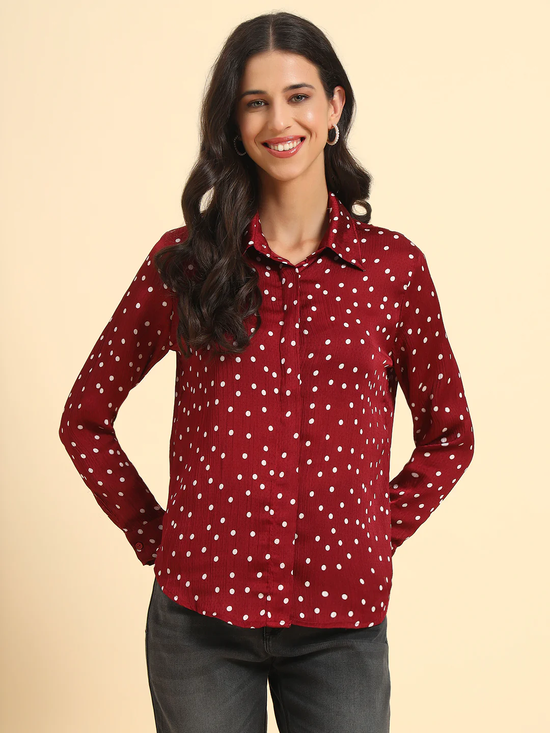 Women's Wine Polka Dot Full Sleeve Spread Collar Casual Top - Image 4