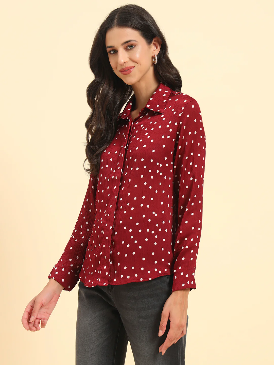 Women's Wine Polka Dot Full Sleeve Spread Collar Casual Top - Image 5