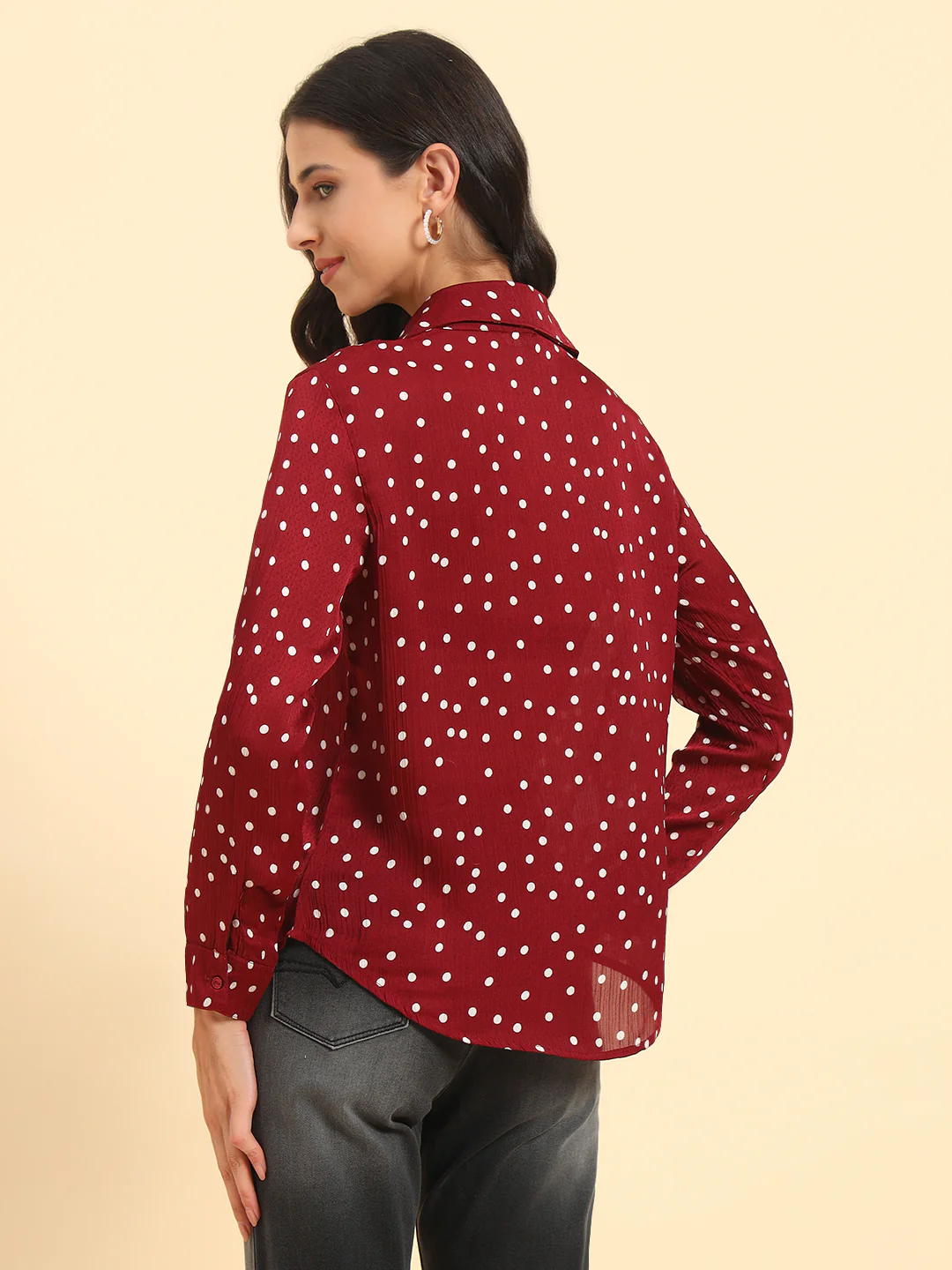 Women's Wine Polka Dot Full Sleeve Spread Collar Casual Top - Image 7