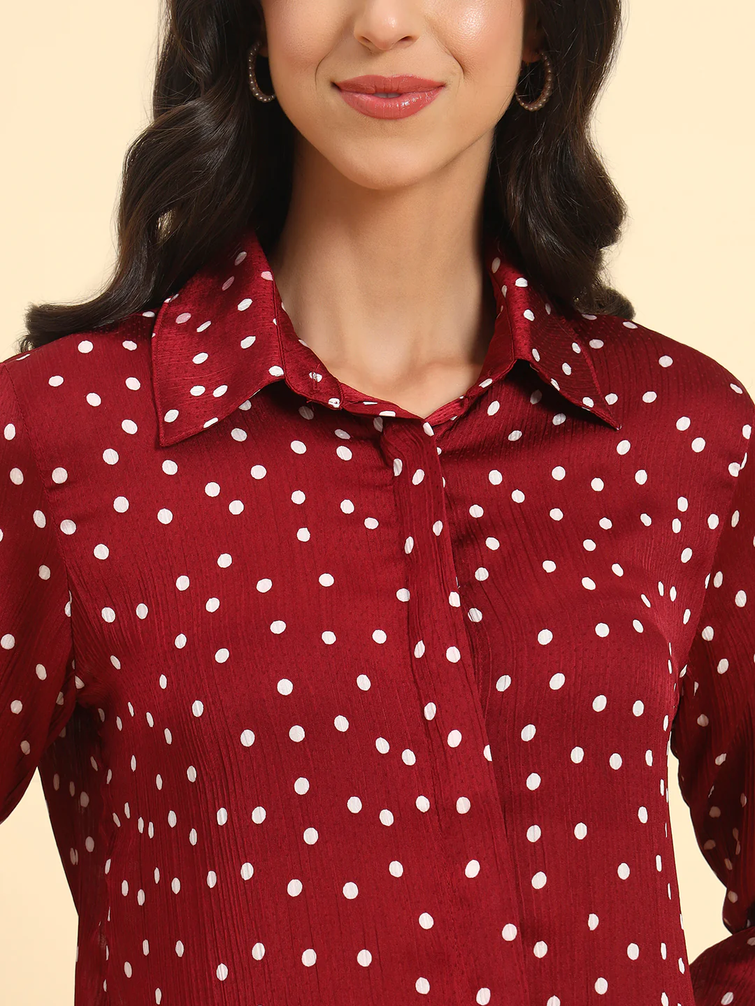Women's Wine Polka Dot Full Sleeve Spread Collar Casual Top - Image 8