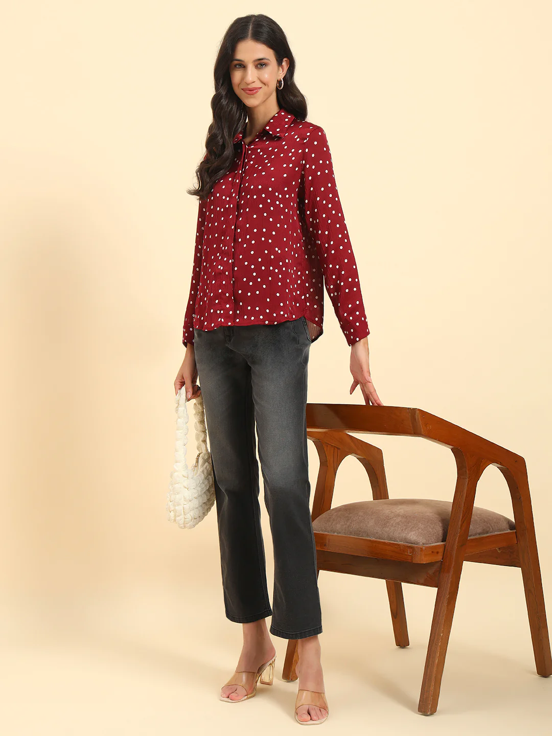 Women's Wine Polka Dot Full Sleeve Spread Collar Casual Top - Image 9