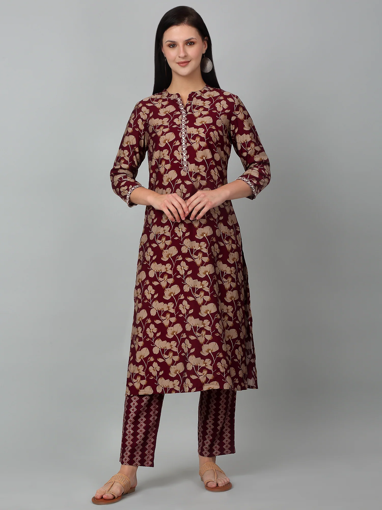 Women's Wine Printed Casual Kurta Plazzo Set - Image 2