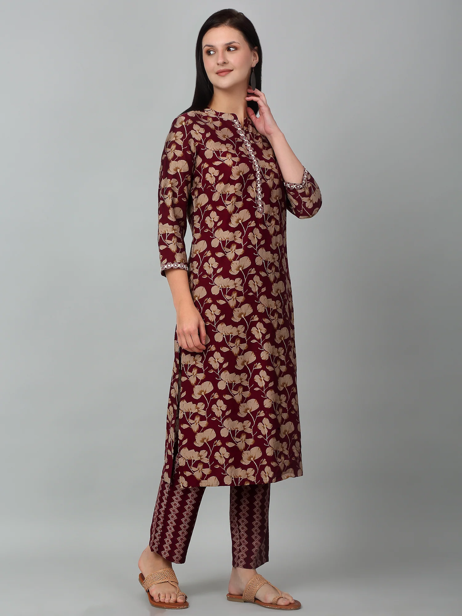 Women's Wine Printed Casual Kurta Plazzo Set - Image 3