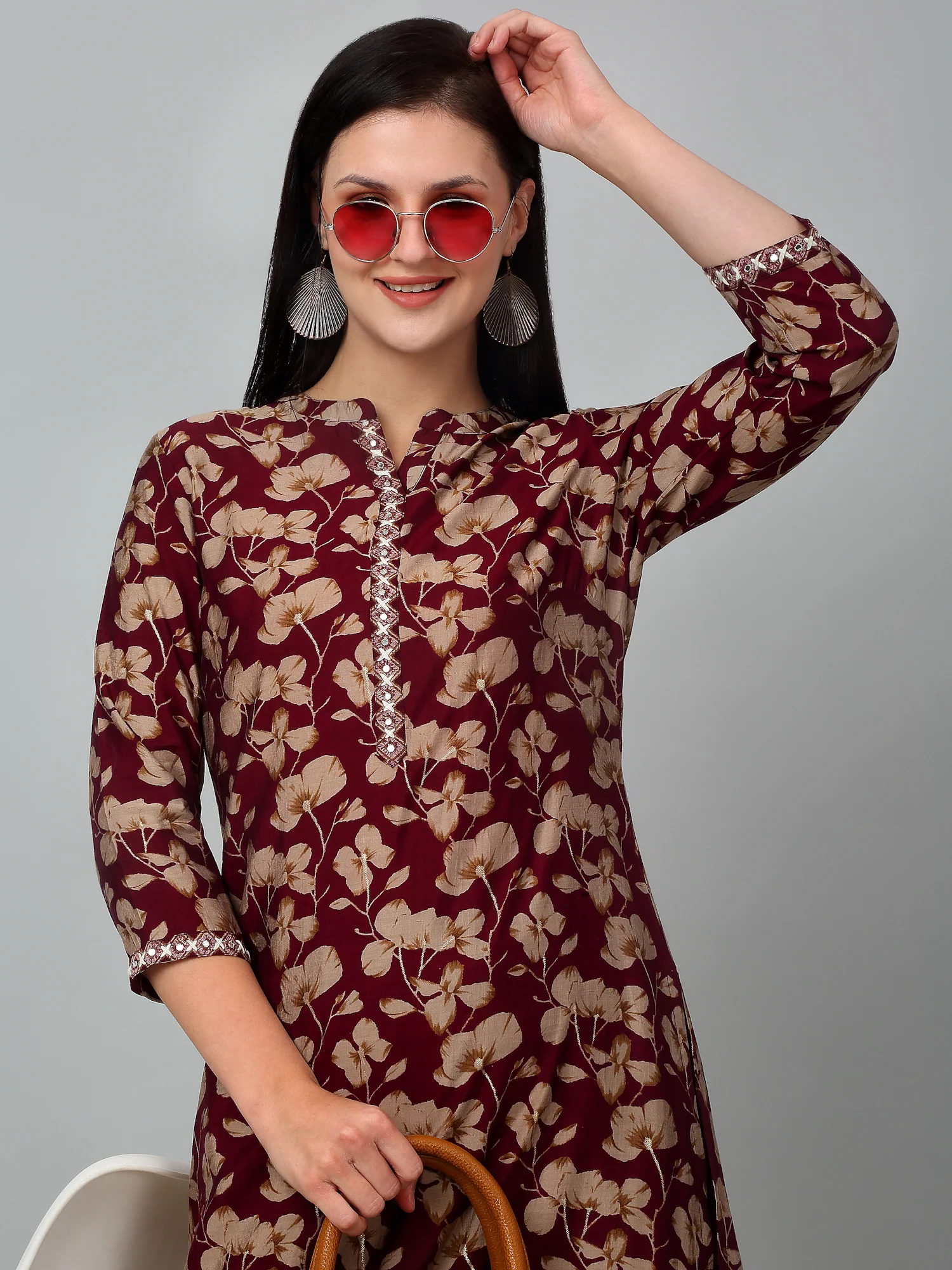 Women's Wine Printed Casual Kurta Plazzo Set - Image 6
