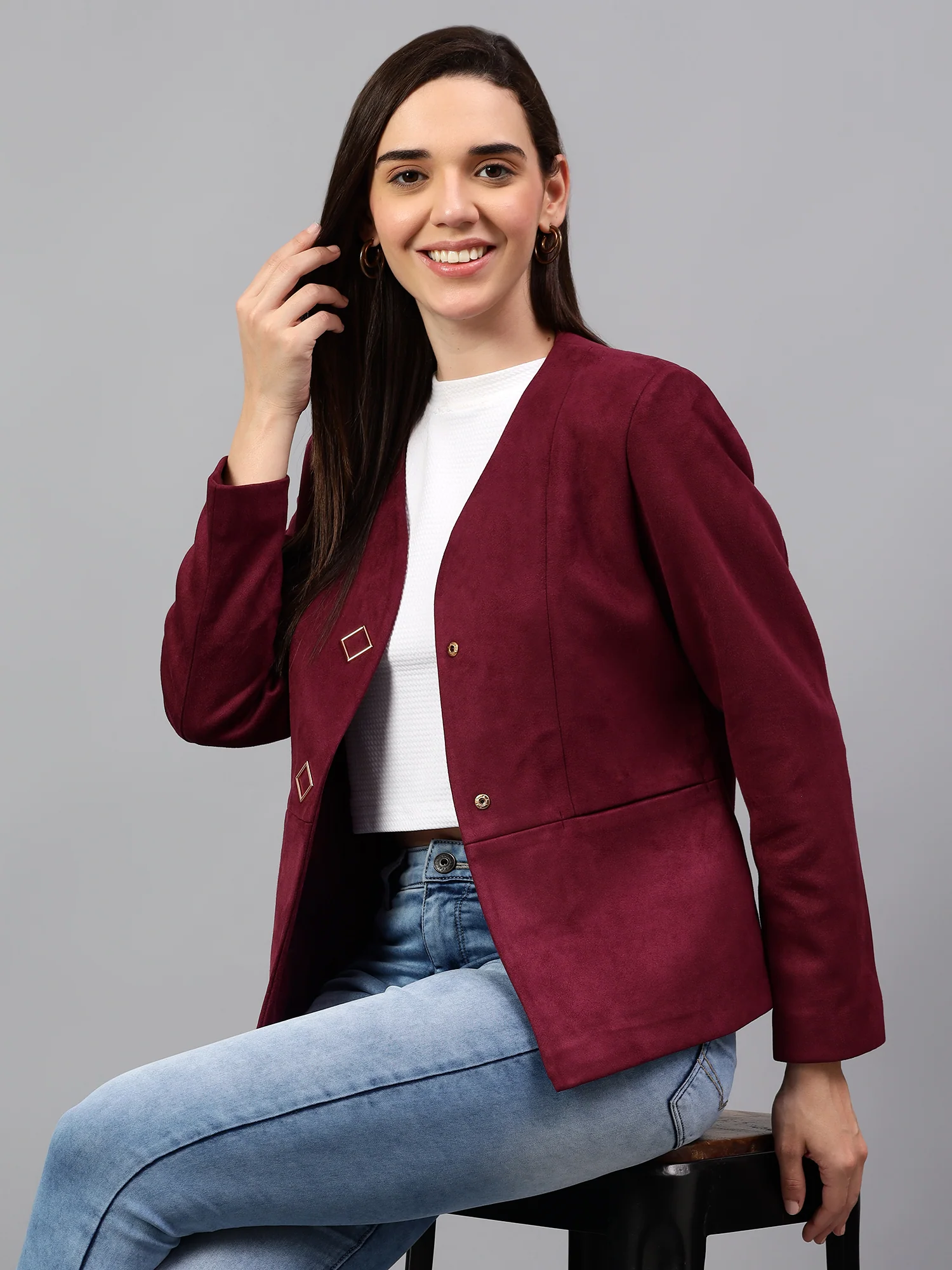 Women’s Wine Solid Casual Winter Blazer | Cantabil - Image 2