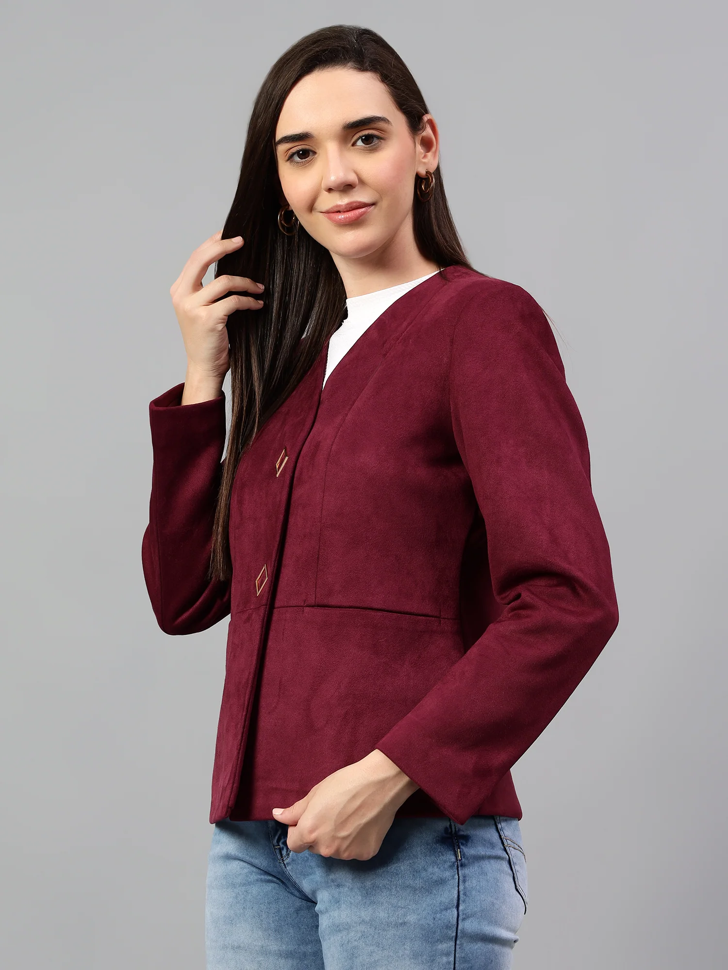 Women’s Wine Solid Casual Winter Blazer | Cantabil - Image 4