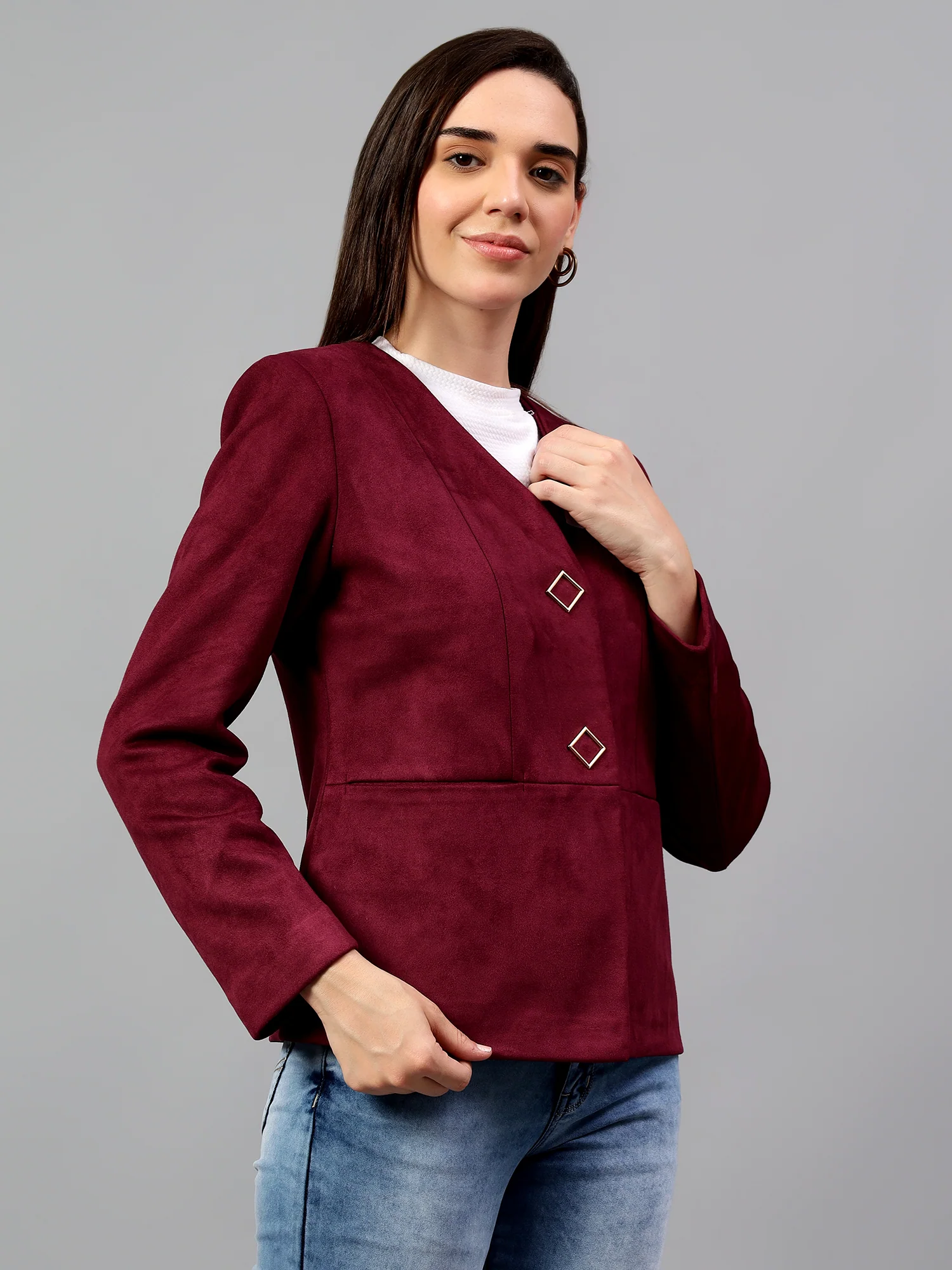 Women’s Wine Solid Casual Winter Blazer | Cantabil - Image 5