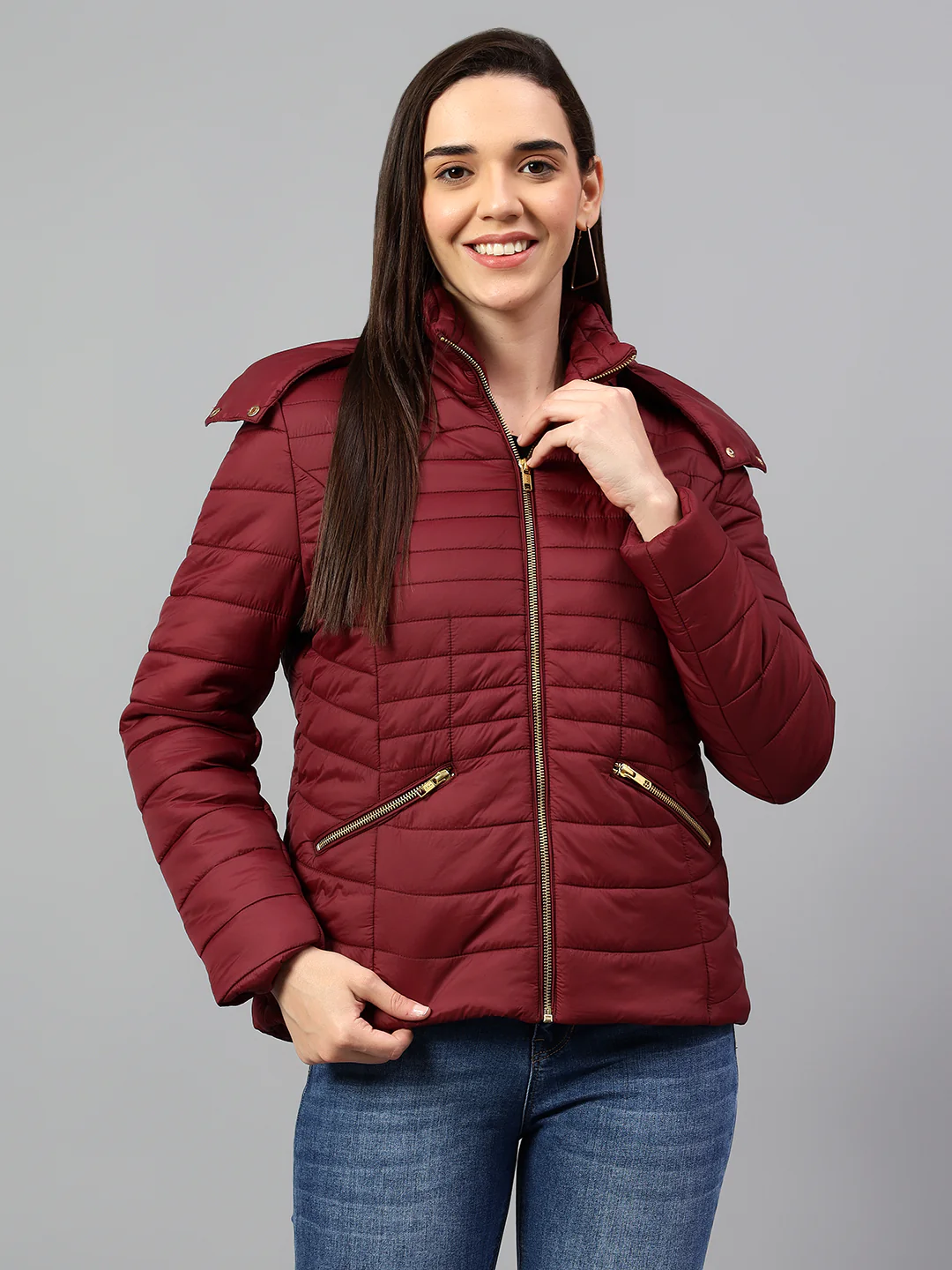 Women's Wine Solid Full Sleeves Winter Jacket - Image 2