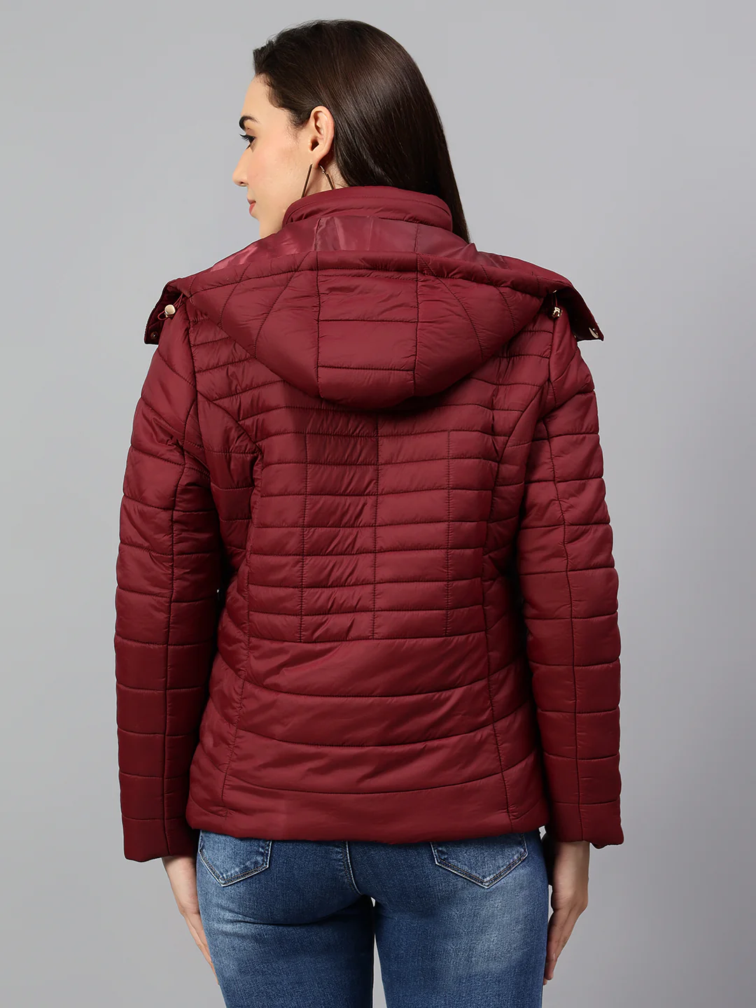 Women's Wine Solid Full Sleeves Winter Jacket - Image 3