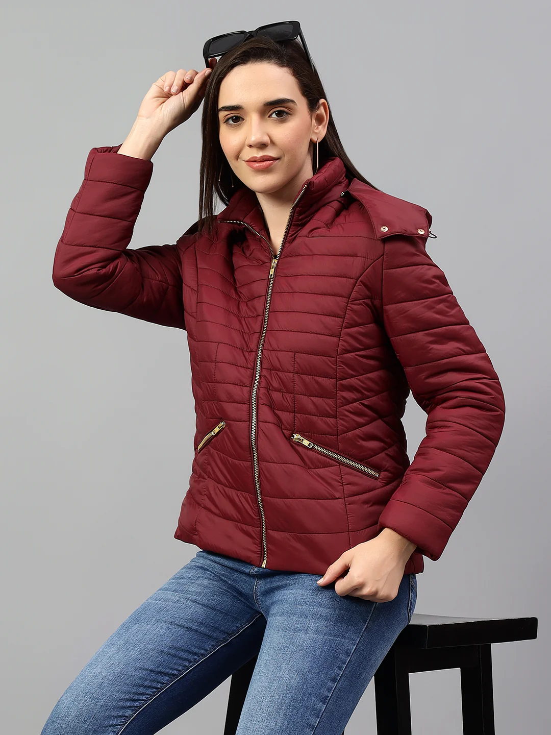 Women's Wine Solid Full Sleeves Winter Jacket - Image 4