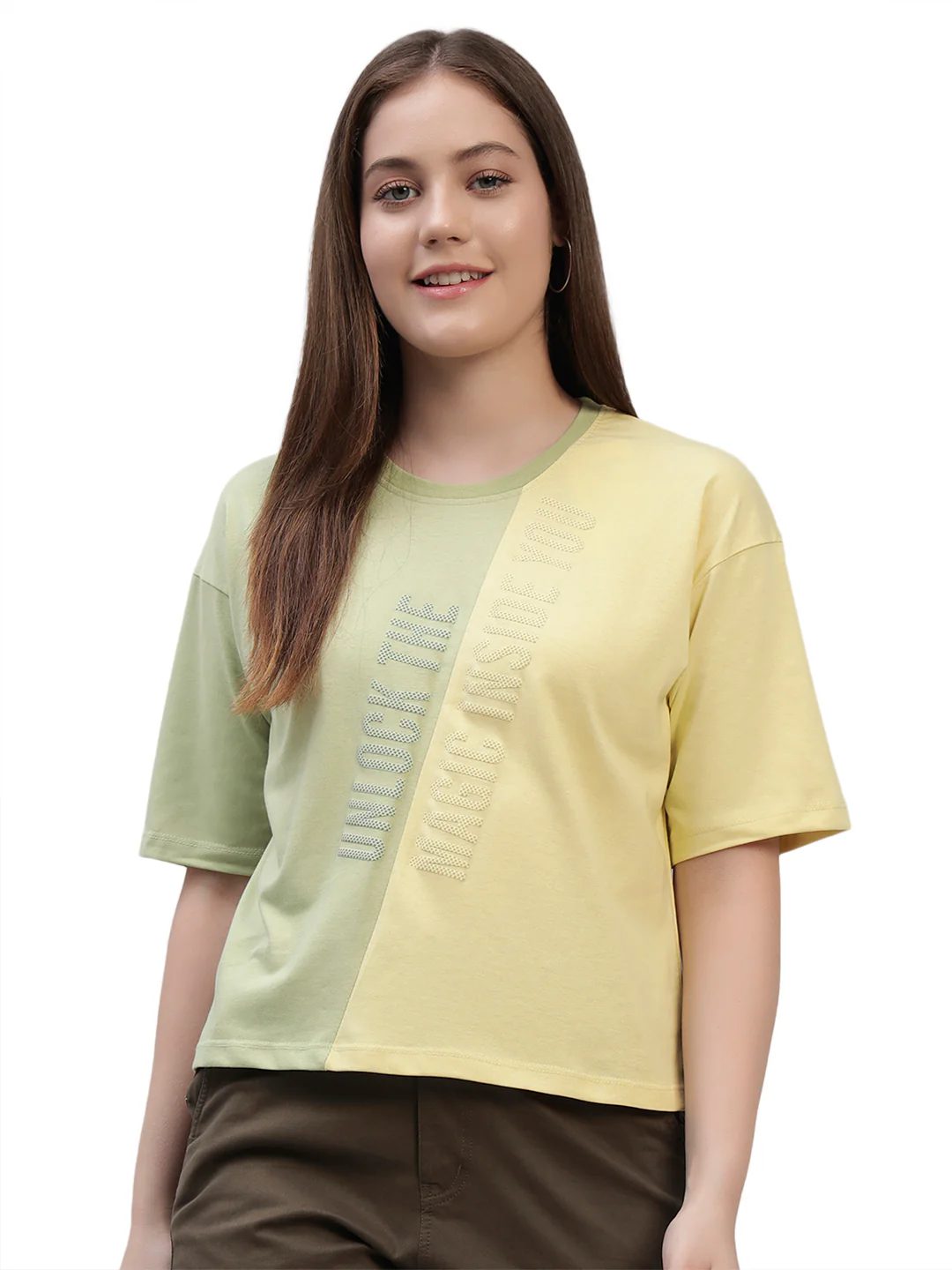 Women's Yellow Color Block Half Sleeves Round Neck Casual T Shirt - Image 2