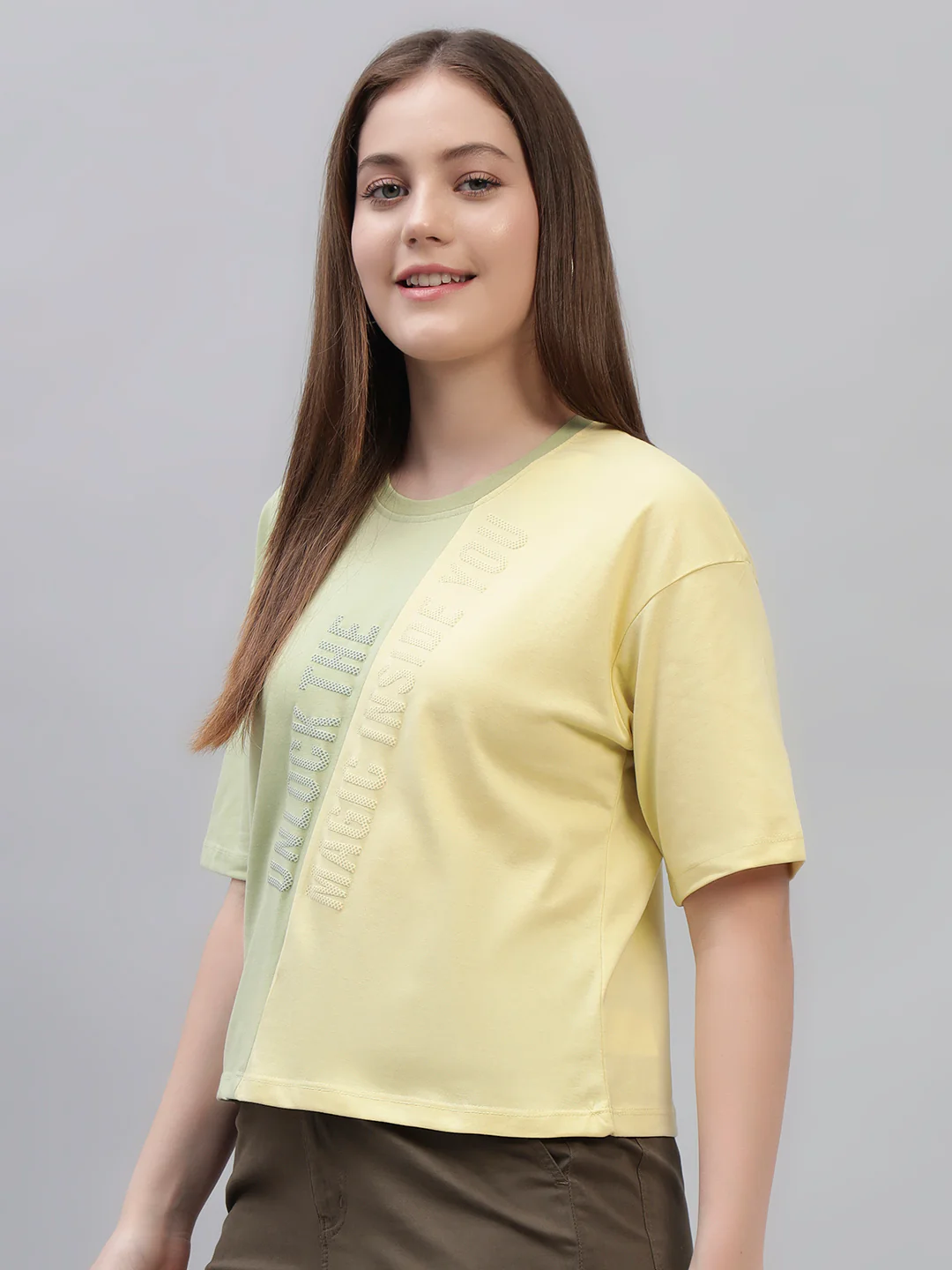 Women's Yellow Color Block Half Sleeves Round Neck Casual T Shirt - Image 3
