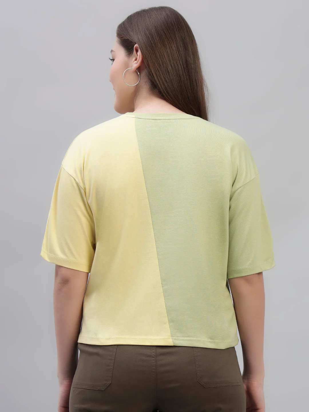 Women's Yellow Color Block Half Sleeves Round Neck Casual T Shirt - Image 4
