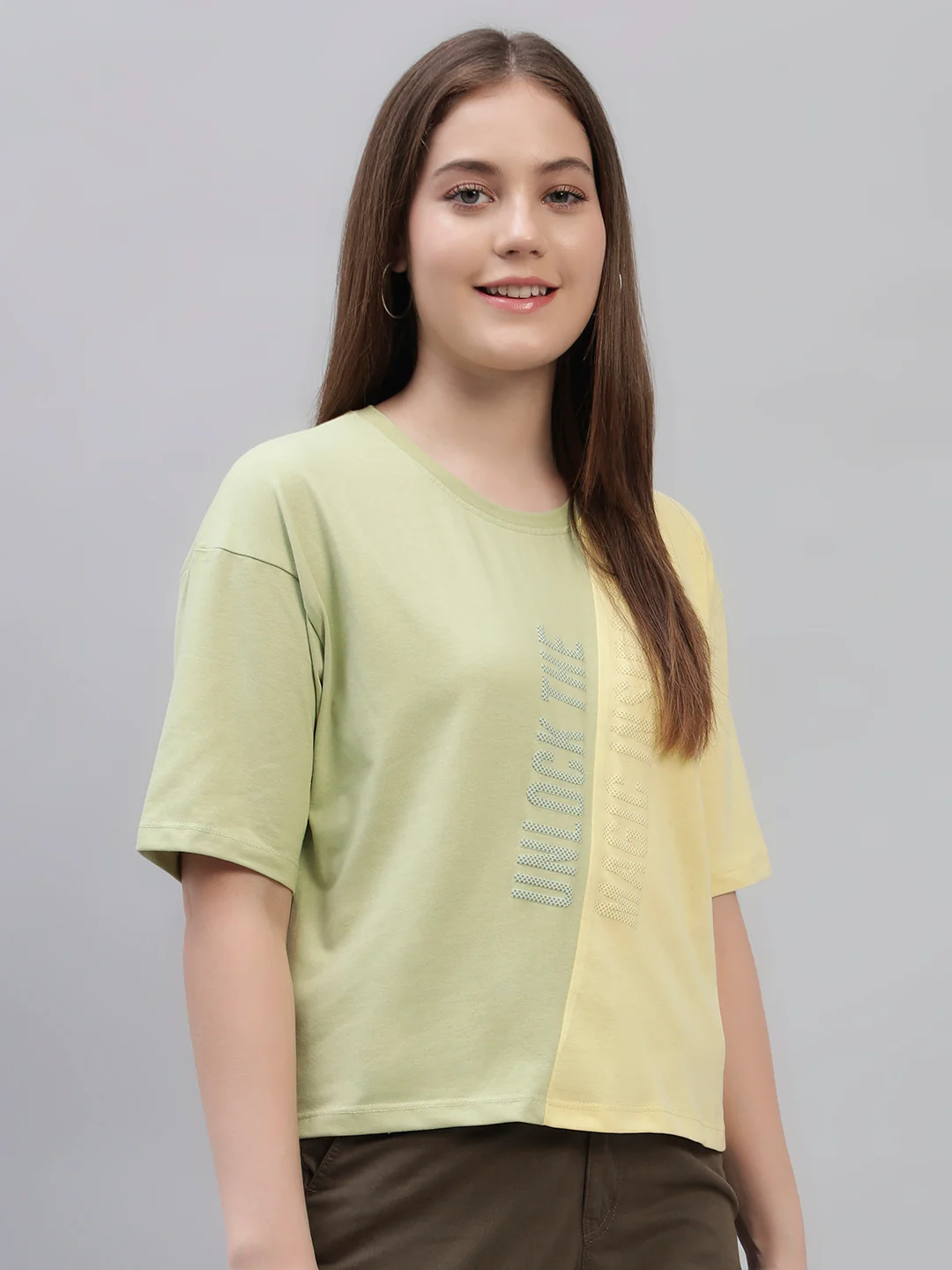 Women's Yellow Color Block Half Sleeves Round Neck Casual T Shirt - Image 5