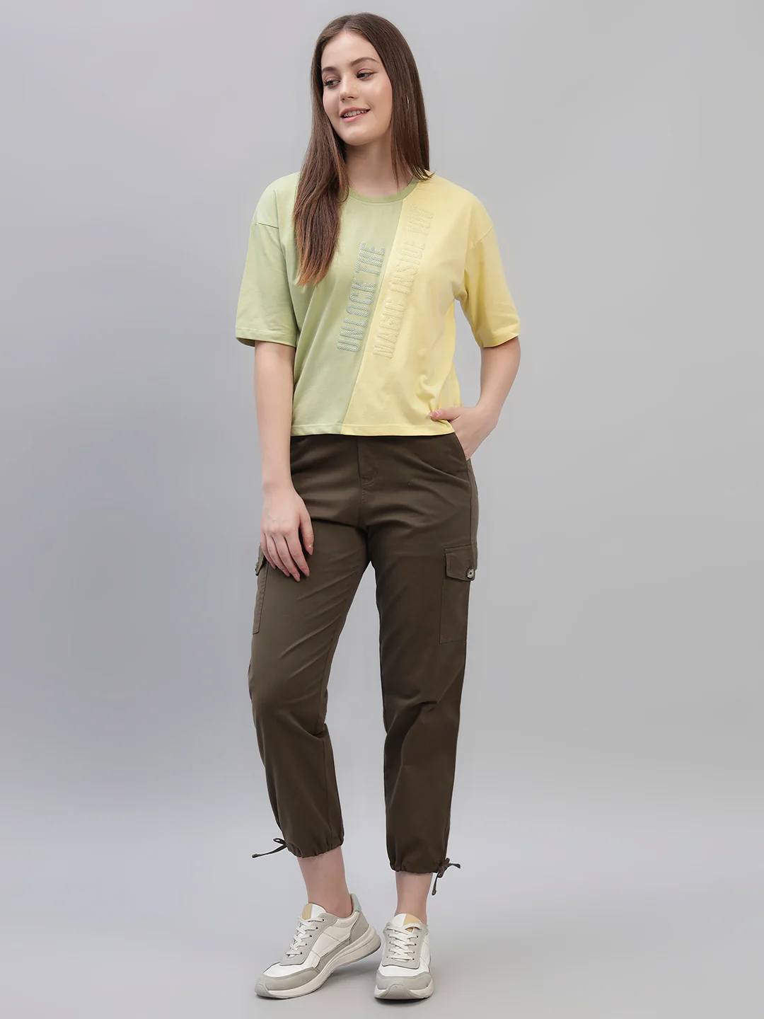 Women's Yellow Color Block Half Sleeves Round Neck Casual T Shirt - Image 7