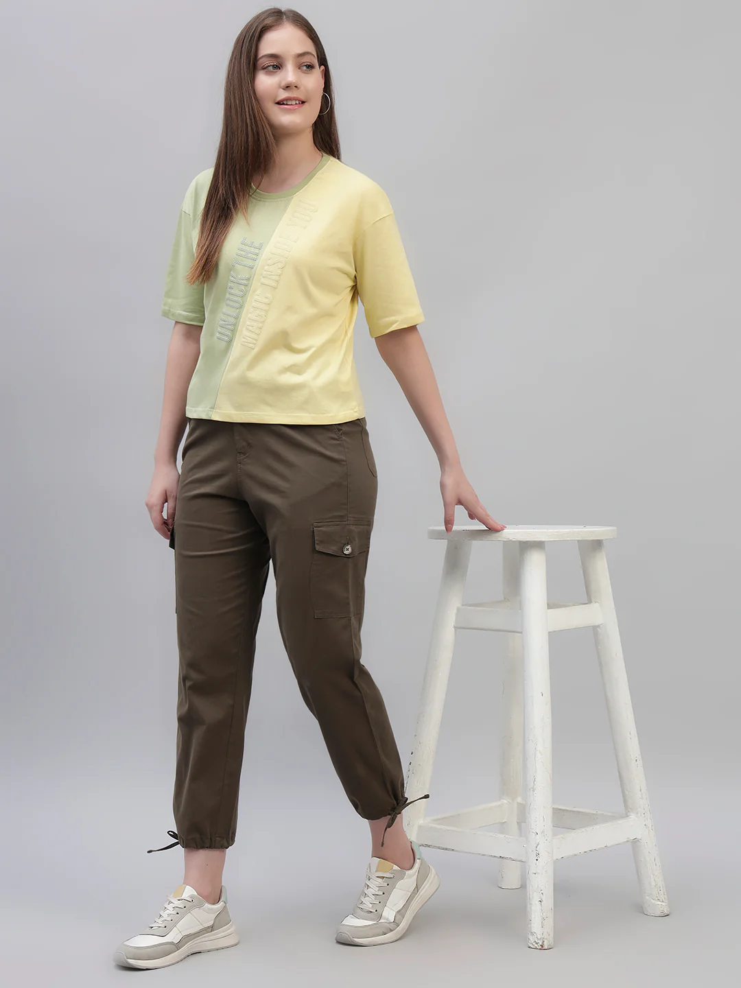 Women's Yellow Color Block Half Sleeves Round Neck Casual T Shirt - Image 8
